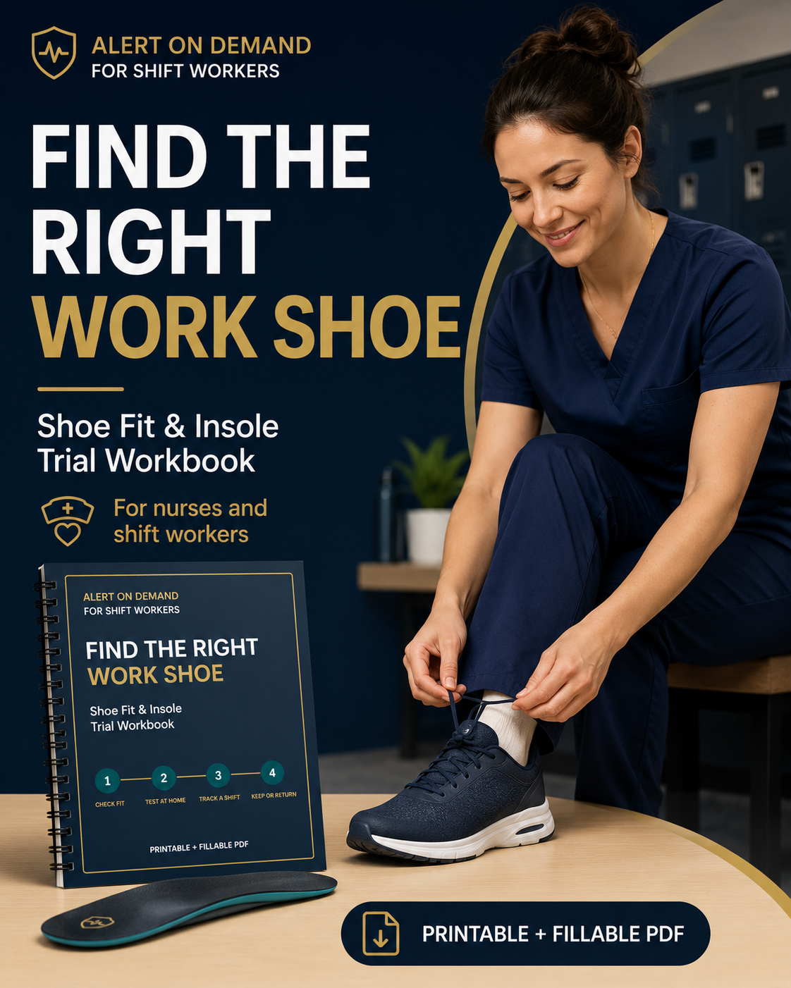 Nurse testing a work shoe beside the Find the Right Work Shoe fit and insole trial workbook.
