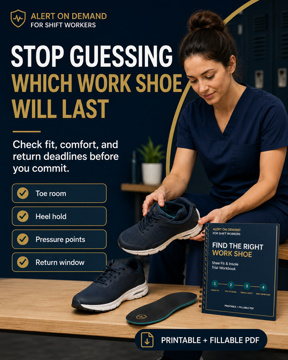 Nurse comparing work shoes using toe-room, heel-hold, pressure-point, and return-window checks