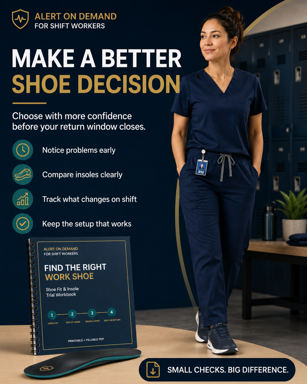 Nurse wearing work shoes beside benefits of the shoe fit and insole trial workbook

