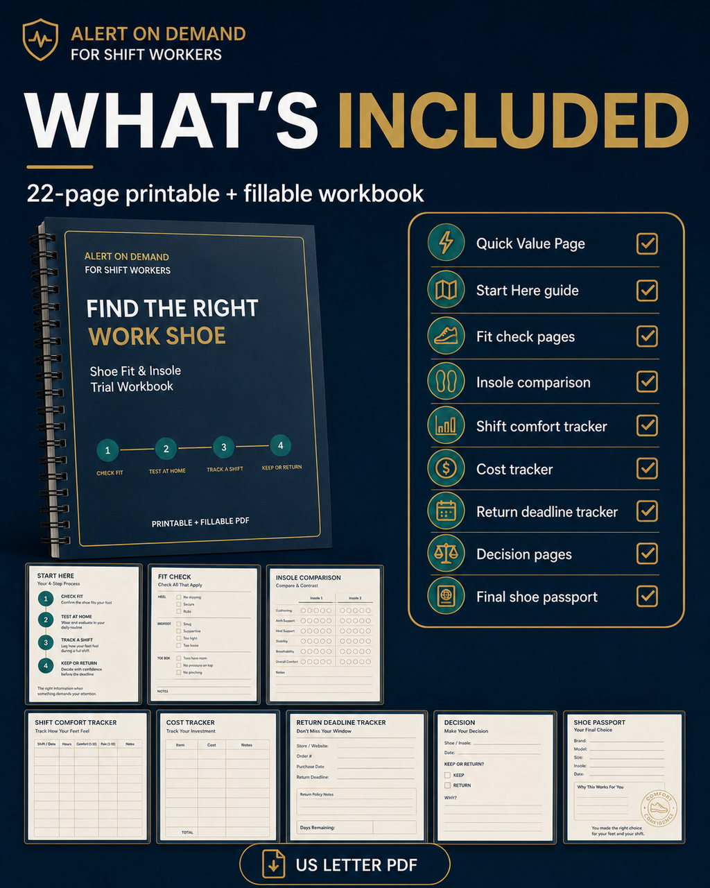 Pages included in the 22-page printable and fillable work-shoe testing workbook