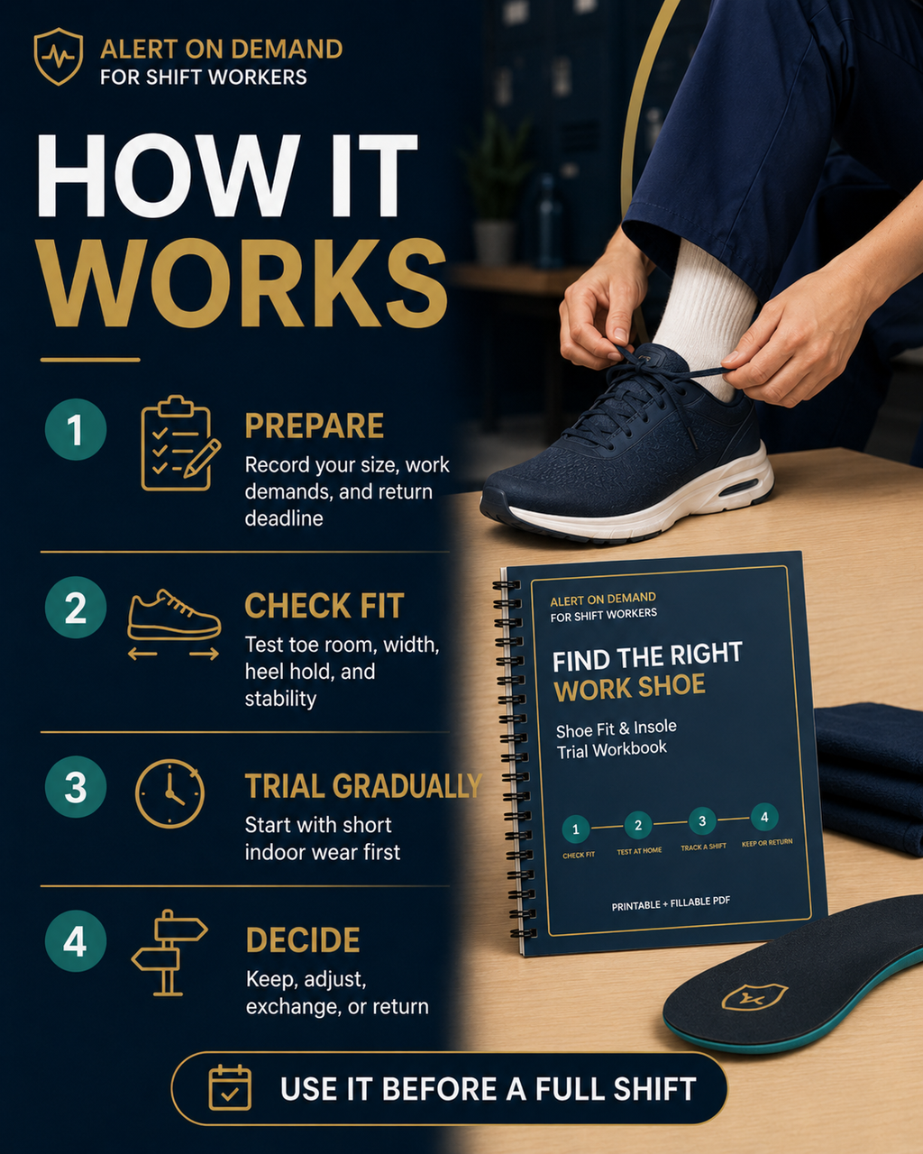 Four-step work-shoe trial process showing prepare, check fit, trial gradually, and decide
