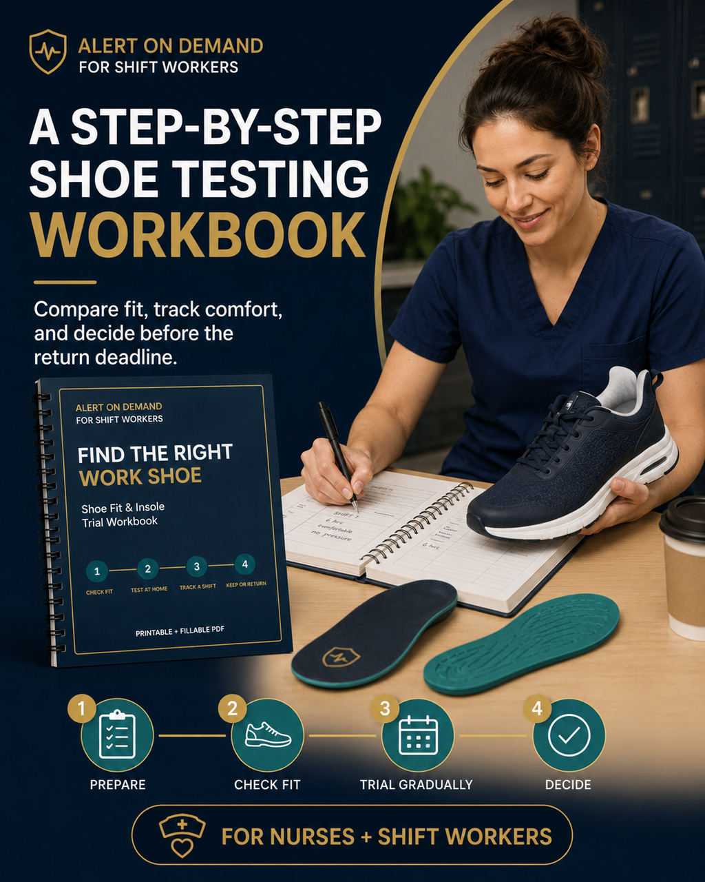 Nurse recording shoe comfort while comparing footwear and insoles with a testing workbook
