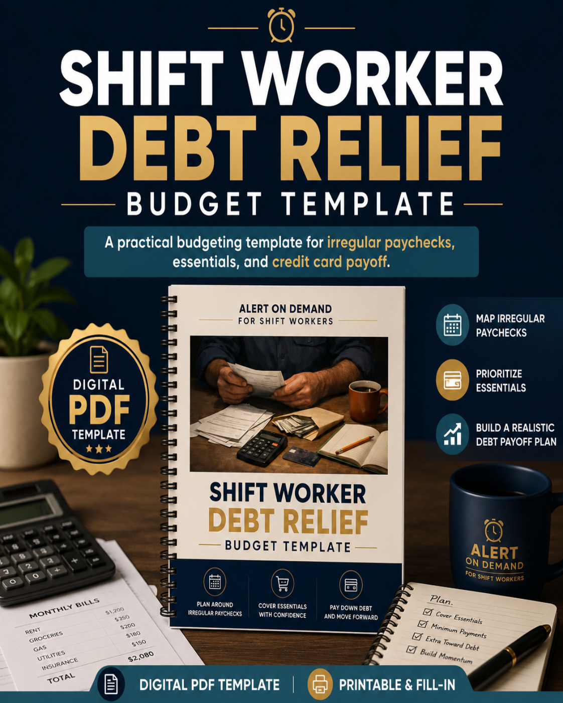 Debt Relief Budget Template For Shift Workers | Printable Debt Payoff Planner Fillable PDF