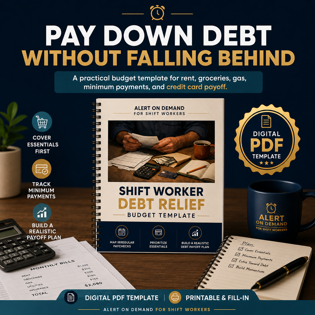 Debt Relief Budget Template For Shift Workers | Printable Debt Payoff Planner Fillable PDF